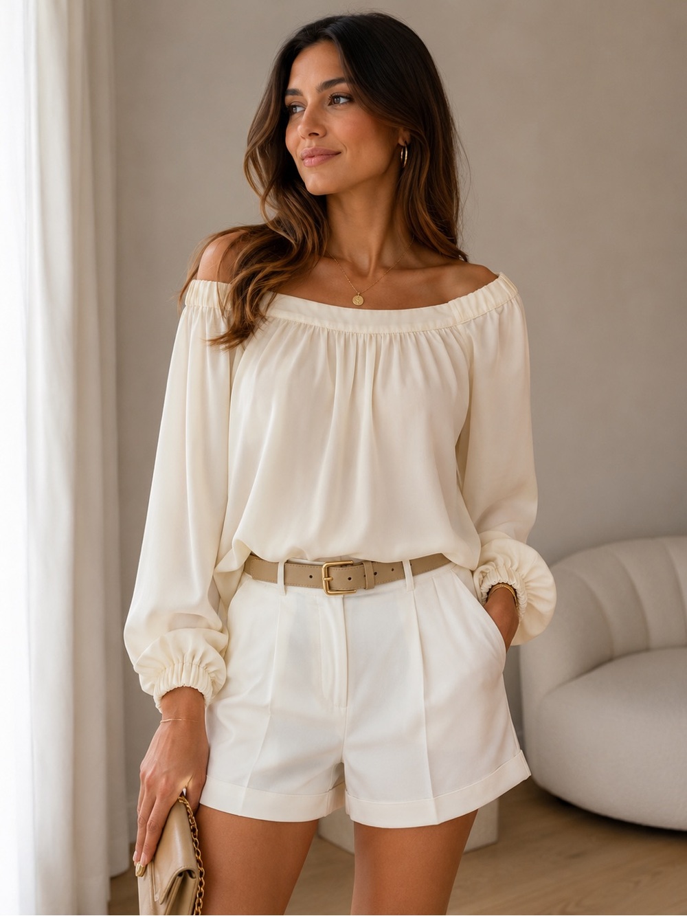 L'Academie Cream Off-Shoulder Top
